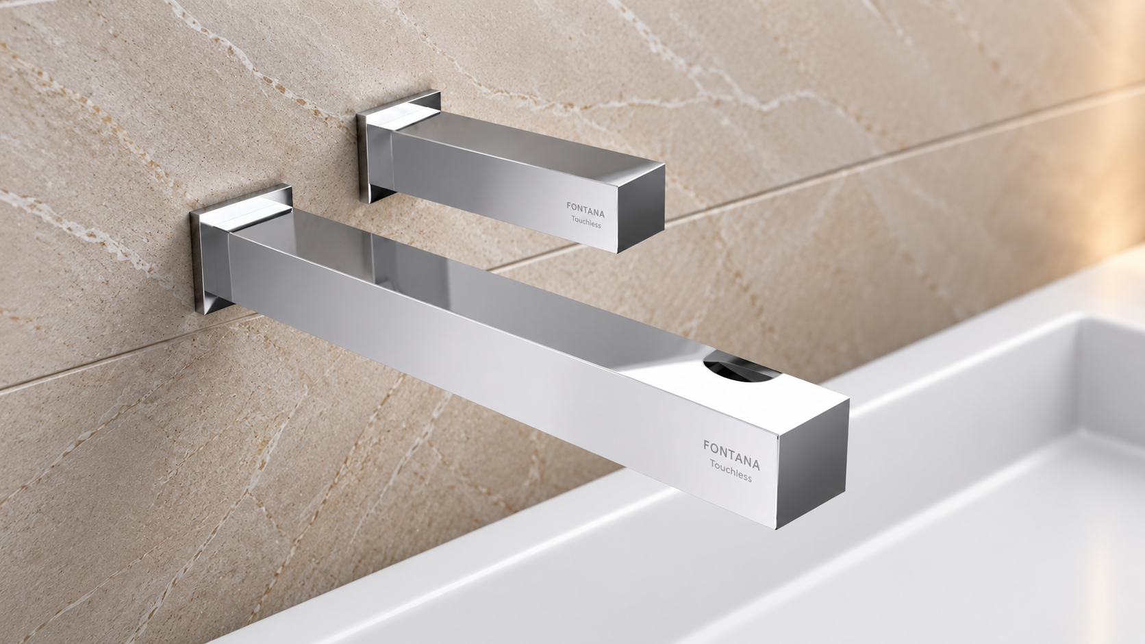 Brushed nickel curved wall-mounted touchless faucet product profile for specification review